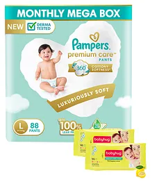 Pampers Premium Care Pant Style Diapers Large Size - 88 Pieces & Babyhug Premium Baby Lemon Wipes - 72 Pieces (Pack of 2 )