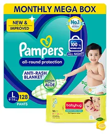 Pampers Pant Style Large Size Diapers Monthly Box Pack - 128 Pieces & Babyhug Premium Baby Lemon Wipes - 72 Pieces (Pack of 3 )