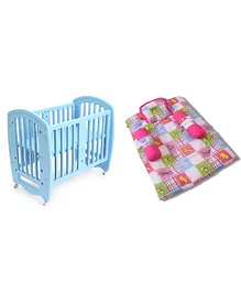 Babyhug Baby Bedding Set With Animals In Checks Print-Pink & Babyhug Compacto 3 in 1 Cot Rocker Cum Study Table - Blue