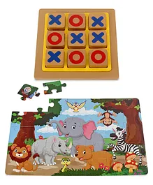 Ratnas Little Jigsaw Puzzle Jungle & Tic Tac Toe Game Set - Brown