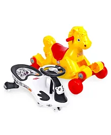 Babyhug Rock 'O' Ride Pony Ride-on - Yellow AND Babyhug Baby Panda Gyro Swing Car With Steering Wheel - Black & White