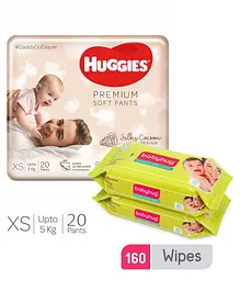 Huggies Premium Soft Pants Extra Small Size Diapers - 20 Pieces & Babyhug Premium Baby Wipes - 80 Pieces (Pack of 2)