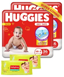Huggies Newborn Small Size Complete Comfort Dry Baby Tape Diapers Combo Pack of 2 with 5 in 1 Comfort - 36 Pieces Each (Total 72 Pieces) & Babyhug Premium Baby Wipes - 80 Pieces (Pack of 2)