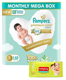Pampers Premium Care Pant Style Diapers Small Size Monthly Pack - 140 Pieces & Babyhug Premium Baby Wipes - 80 Pieces