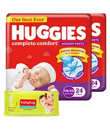 Huggies Wonder Pants Extra Small Size Pant Style Diapers Pack Of 2 - 24 Pieces Each & Babyhug Premium Baby Wipes - 80 Pieces