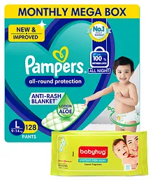 Pampers Pant Style Large Size Diapers Monthly Box Pack - 128 Pieces & Babyhug Premium Baby Wipes - 80 Pieces