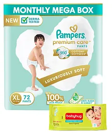 Pampers Premium Care Pant Style XL Size Diapers Monthly Pack - 72 Pieces & Babyhug Premium Baby Wipes - 80 Pieces