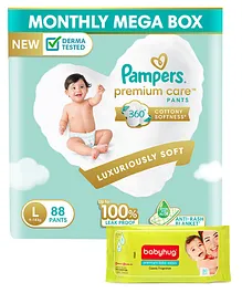 Pampers Premium Care Pant Style Diapers Large Size - 88 Pieces & Babyhug Premium Baby Wipes - 80 Pieces
