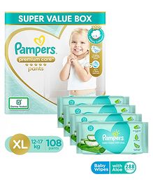 Pampers Premium Care Pant Style Diapers Super Value Pack XL Size - 108 Pieces & Pampers Baby Wipes with Aloe - 144 pcs - (Pack of 2) Pampers Premium Care Pant Style Diapers Super Value Pack XL Size - 108 Pieces & Pampers Baby Wipes with Aloe - 144 pcs - (Pack of 2)