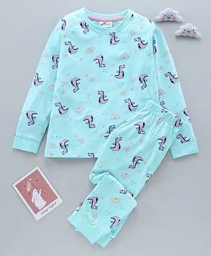 Earth Conscious Full Sleeves Water Horse Print Night Suit - Blue