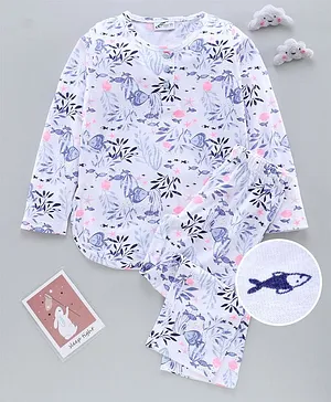Earth Conscious Full Sleeves All Over Fish Printed Night Suit - Off White