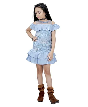 Tiny Girl Half Sleeves Flower Applique Layered Midi Dress - Blue
