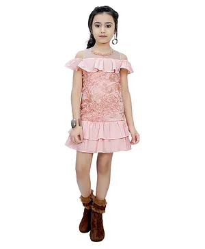 Tiny Girl Half Sleeves Flower Applique Layered Midi Dress - Peach