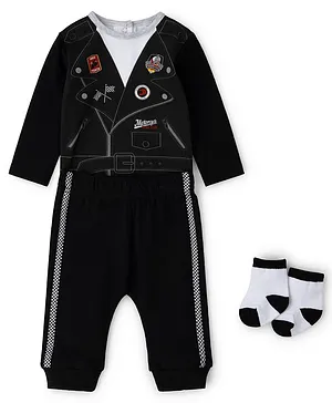 Lily and Jack Full Sleeves Onesie and Lounge Pant With Socks - Black