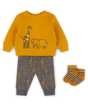 Lily and Jack Full Sleeves Cotton Tshirt with Lounge Pant Animal Print - Mustard