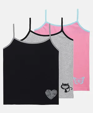 MTB  Set Of 3 Sleeveless Heart Print Camisole - Grey Black Pink