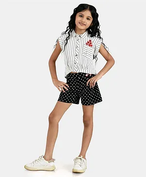 Peppermint Short Sleeves Striped Top With Polka Dot Shorts - White & Black