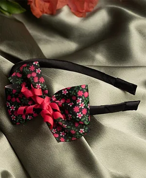Ribbon Candy Floral Print Bow On Hair Band - Black