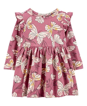 Carter's Cotton Knit Full Sleeves Frock with Frill Detailing & Butterfly Print - Pink