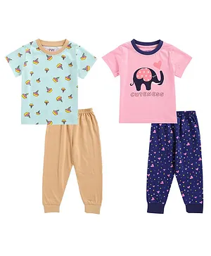 BUMZEE Pack Of 2 Half Sleeves Printed Tee & Pajama Sets - Sea Green & Pink