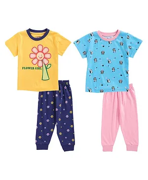 BUMZEE Pack Of 2 Half Sleeves Printed Tee & Pajama Sets - Yellow Blue & Pink