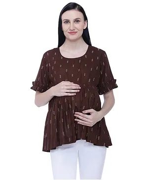 Mothersyard Three Fourth Sleeves Motif Printed Maternity & Nursing Top - Brown