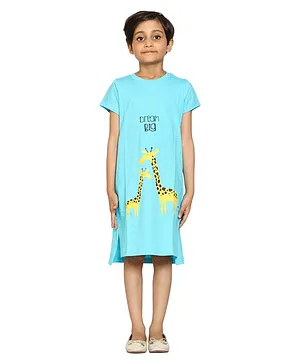 Kiddopanti Short Sleeves Giraffe & Dream Big Print Night Dress - Aqua Blue