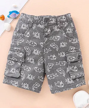 Babyhug Cotton Knit Mid Thigh Shorts Shark Printed - Grey