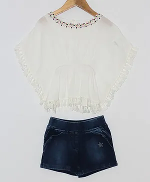 Peppermint Half Sleeves Tassel Lace & embroidered Neckline Detailing Kaftan Style Top With Denim Style Shorts - White & Blue