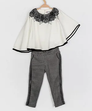 Peppermint Full Sleeves Floral Printed & Sequin Embellished Top With Polka Dots Printed Pants - Off White