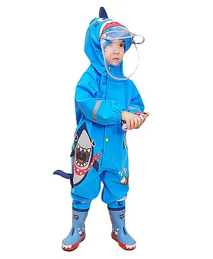 Little Surprise Box Full Sleeves Shark Theme Hooded Jumpsuit Style Rain Coat - Blue