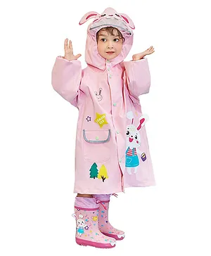 Little Surprise Box Full Sleeves Bunny Theme Bunny Face Cap Detail Rain Coat - Pink