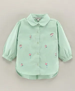 Toffyhouse Loose Fit Full Sleeves Shirt Style Top Floral Embroidery - Light Green