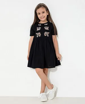 Cherry Crumble By Nitt Hyman Short Sleeves Floral Placement Embroidered Dress - Black