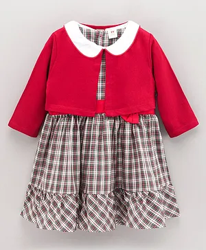 ToffyHouse Short Sleeves Frock With Full Sleeves Shrug Checked - Red