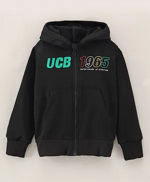 UCB Full Sleeves Hooded Sweatshirt Text Print - Black