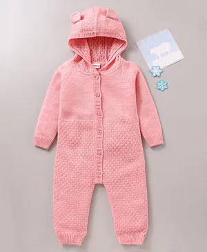 Babyhug Full Sleeves Hooded Winter Romper Solid - Pink
