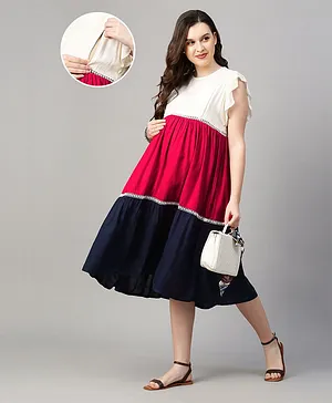 MomToBe Cap Flutter Sleeves Colour Blocked Solid Tulle Maternity Dress  - White Red & Navy Blue
