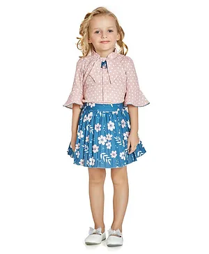 Peppermint Three Fourth Bell Sleeves All Over Polka Dots Printed Top & Floral Printed Pleated Skirt - Peach & Blue