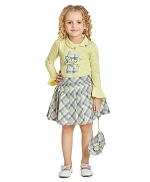 Peppermint Full Sleeves Stone & Bow Embellished Placement Embroidered Top With Shepherd Checked & Pleated Skirt - Yellow