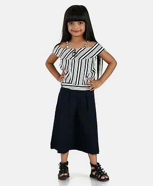 Peppermint Cold Shoulder Half Sleeves Striped Top & Culotte Set - White & Navy Blue