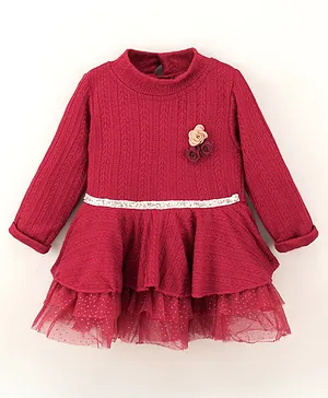 Little Kangaroos Full Sleeves Party Wear Frock With Sequin Detailing & Floral Corsage- Maroon
