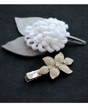 Pretty Ponytails Carnations Flower Diamond Hair Clip - White Silver & Grey