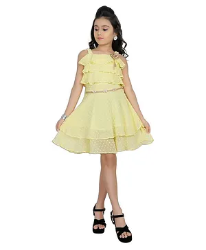 Tiny Girl Sleeveless Dots Embroidered Ruffled & Layered Dress - Lemon Yellow