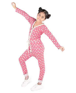 D'chica Warm Thermal Full Sleeves Cat Print Jumpsuit - Pink