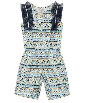 Young Birds Sleeveless Aztec Geometric Motif All Over Printed Jumpsuit - Blue
