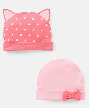 Babyhug 100% Cotton Caps With Bow & Ear Applique Polka Dot Print Pack of 2 Pink - Diameter 14.5 cm