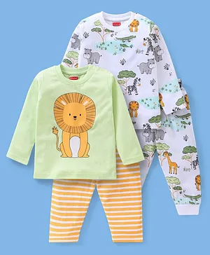 Babyhug Cotton Full Sleeves Night Suit Lion & Hippo Print Pack of 2- Green & White