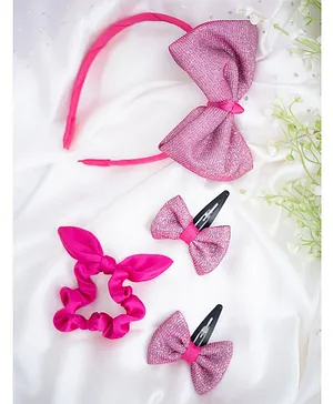 Ribbon candy Set Of 3 Glitter Detailed Bow Embellished Coordinating Hair Accessories - Pink