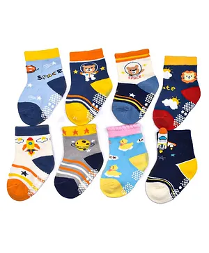 Footprints Organic Cotton Antiskid Pack Of 8 Animal And Space Detailed Socks - Multi Colour
